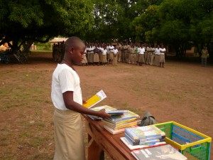 Books distributed as prizes after a reading contest.